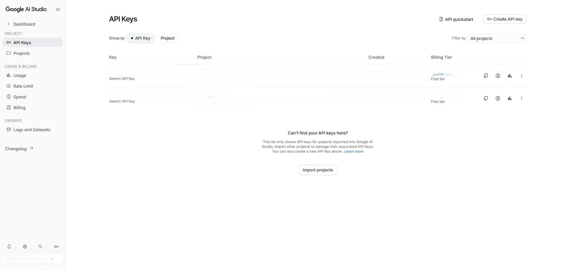 AI Studio API Keys page